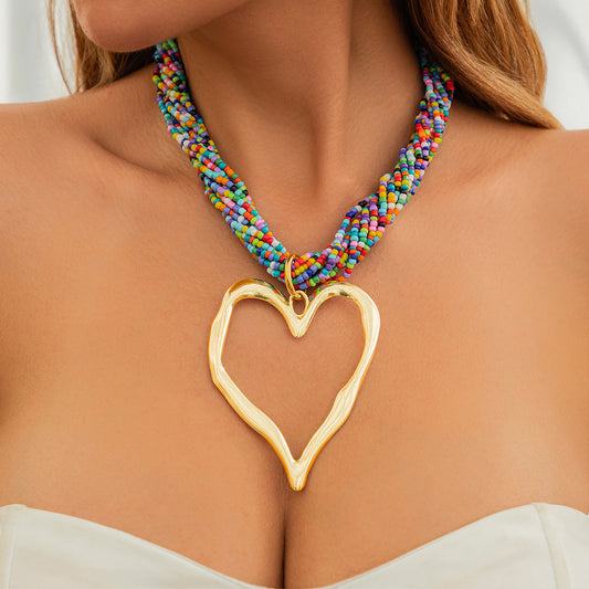 Exaggerated Geometric Heart Pendant Alloy Plated Ball Chain Multi-layer Necklace for Women