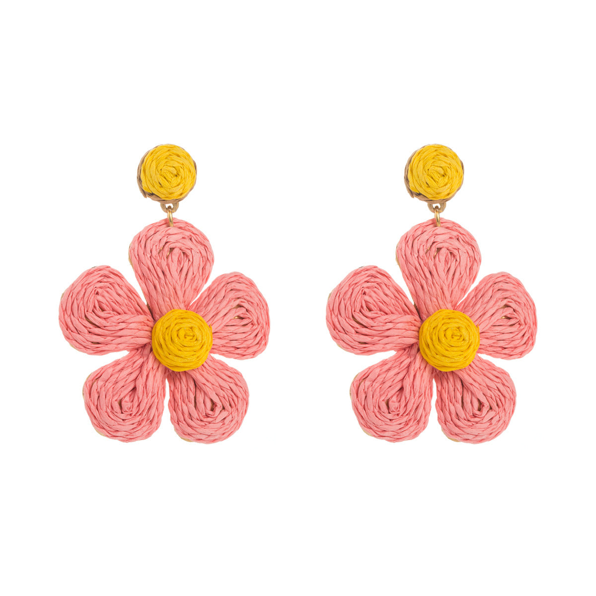 Orecchini da donna in rafia intrecciata a motivo floreale dolce, stile estivo fresco e artigianale