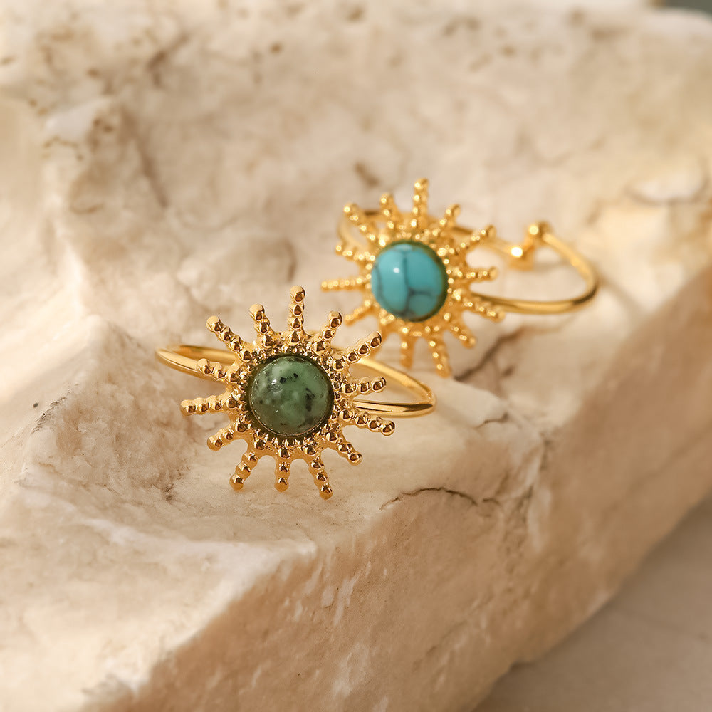 French Vintage Style Sun-Shaped Titanium Steel Ring with Turquoise Inlay for Women