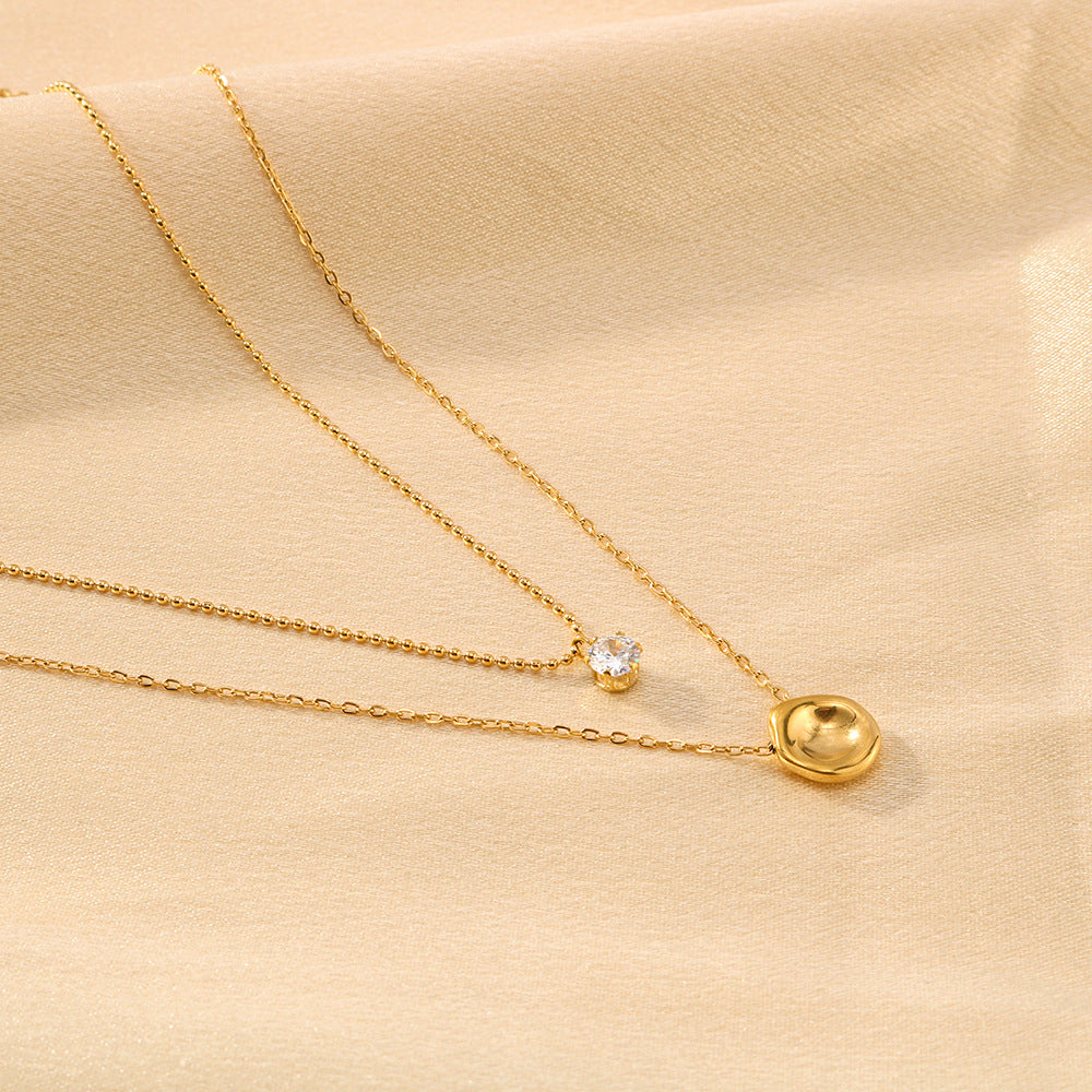 Minimalist Stainless Steel Double Layer Necklace with Titanium Steel Meteorite Crater Pendant and Rhinestone Accents on O-Chain