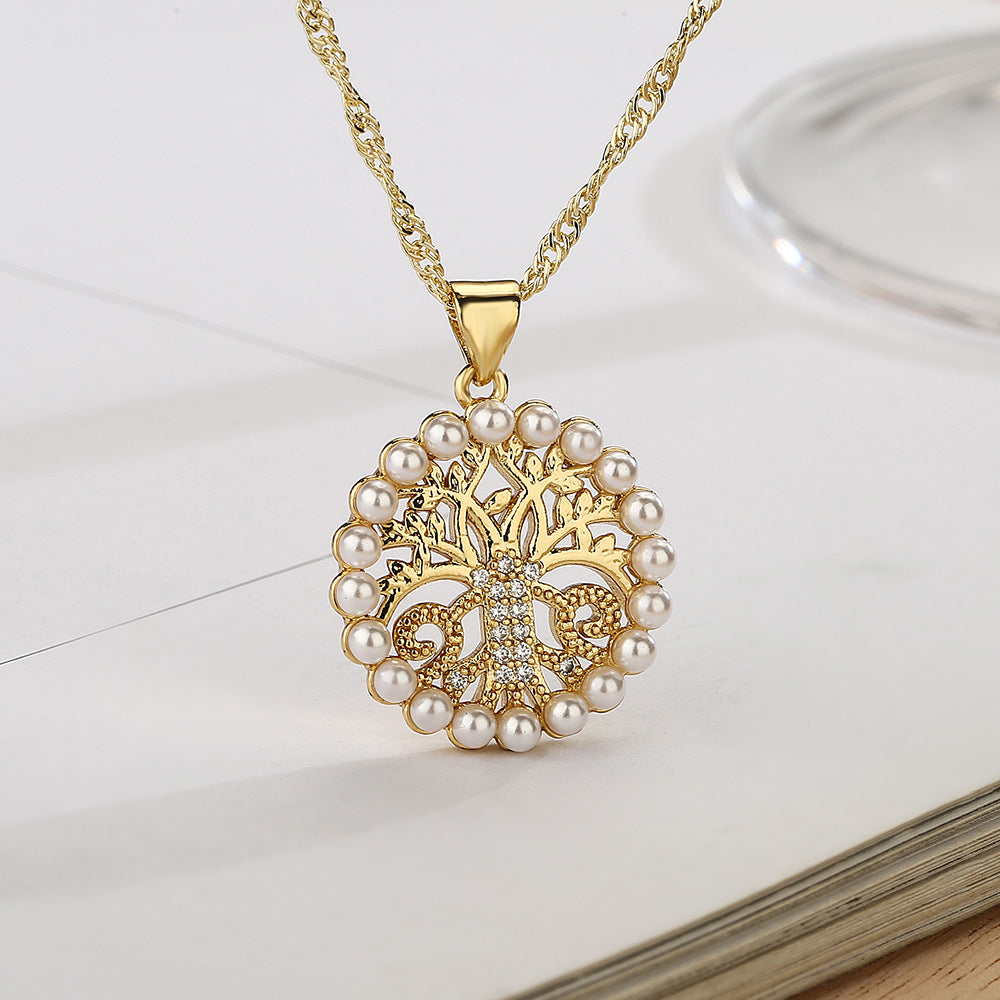 Elegante Collana Pendente da Donna a Farfalla e Albero in Rame Placcato Oro con Zirconi e Perle