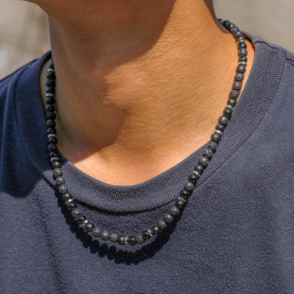 Bohemian Black Agate Volcanic Stone Blue Dot Beaded Necklace Multi-layer Ball Chain Unisex