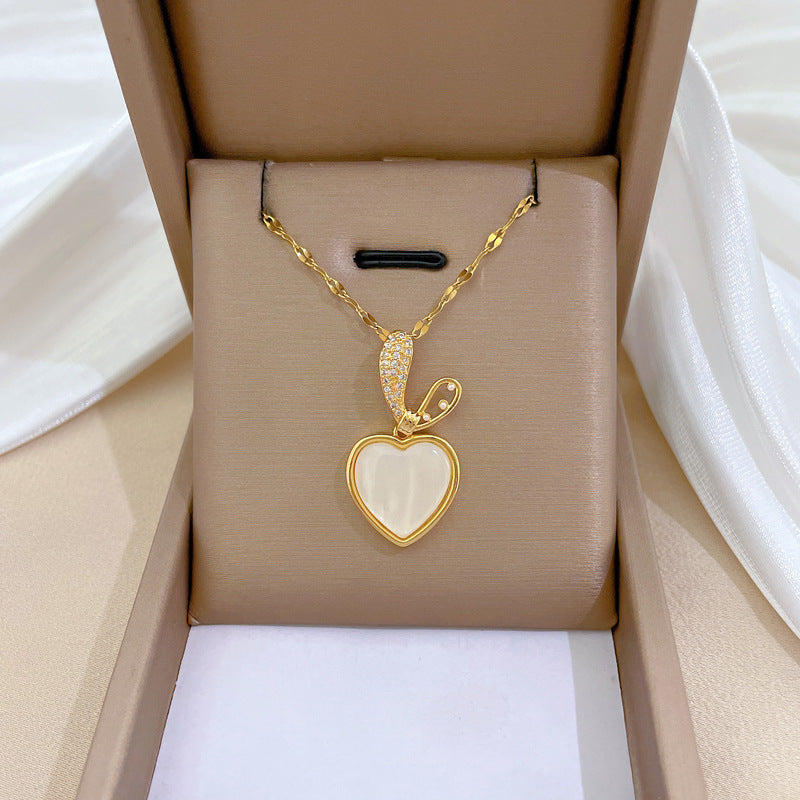 Collana Minimalista con Ciondolo a Cuore con Orecchie di Coniglio per Donna con Catena in Acciaio Inossidabile e Accenti di Strass