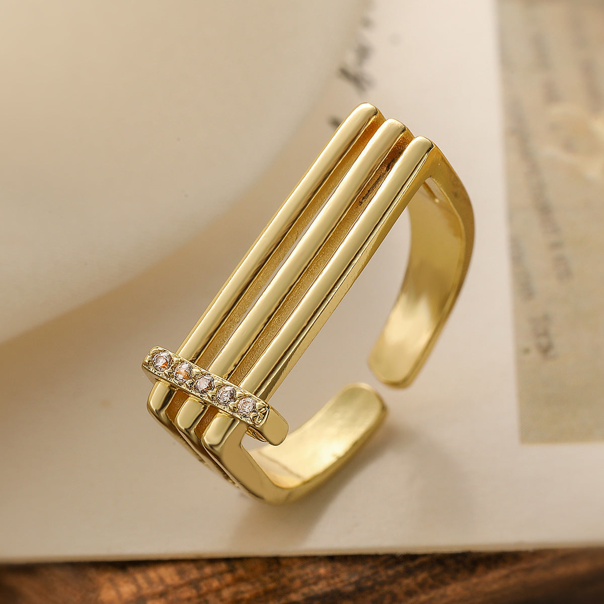 Minimalist Geometric Open Ring for Women Made of Brass with 18K Gold Plating and Zircon Inlay