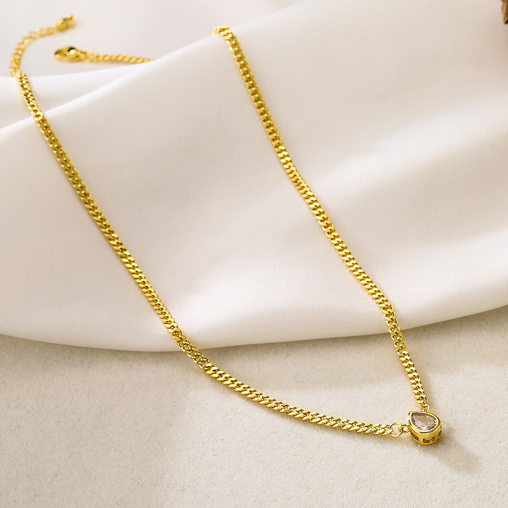 Minimalist Geometric Pendant Necklace in Copper with 18K Gold Plating and Zircon Inlay on Cuban Chain