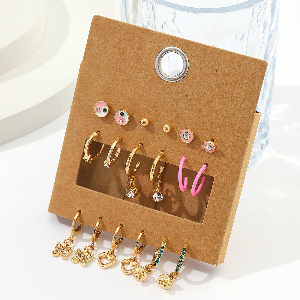 Geometric Butterfly Alloy Drip Oil Rhinestone C-Hoop Earrings Set