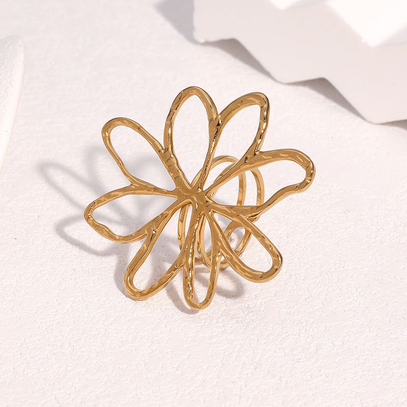 Minimalist Hollow Flower Design 18K Gold Plated Stainless Steel Open Ring for Women
