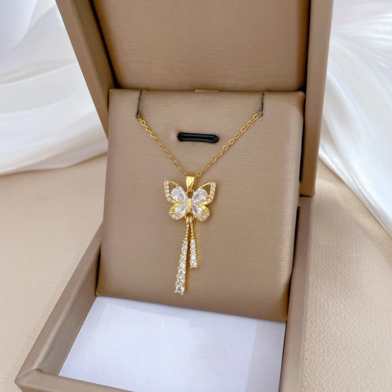 Luxury Butterfly Geometric Rhinestone Pendant Necklace Titanium Steel Chain for Women and Men