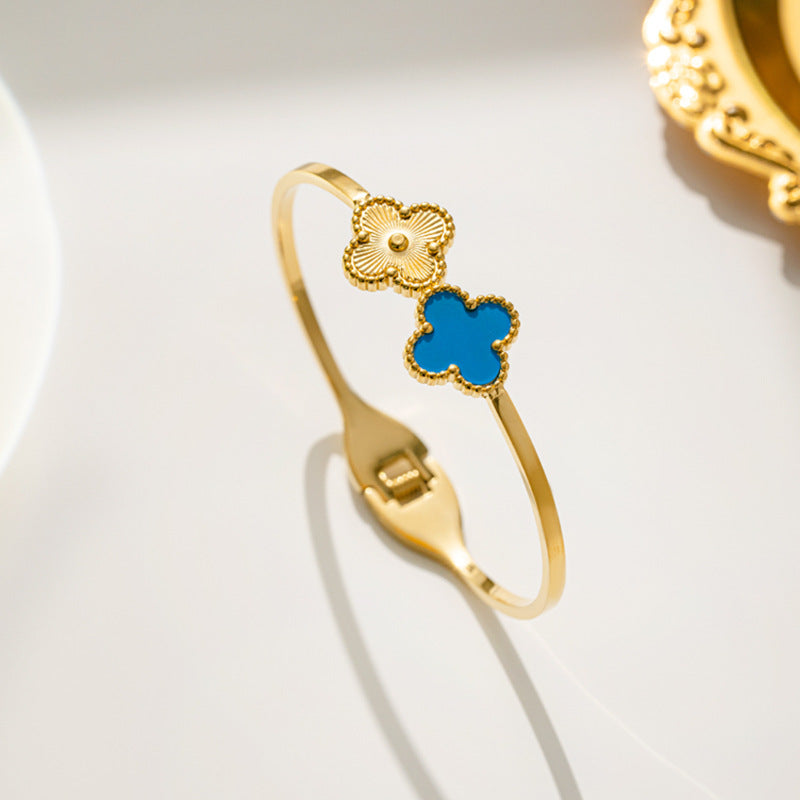 Minimalist Four-Leaf Clover Titanium Steel Bracelet for Women with Polished Finish and Adjustable Opening Design