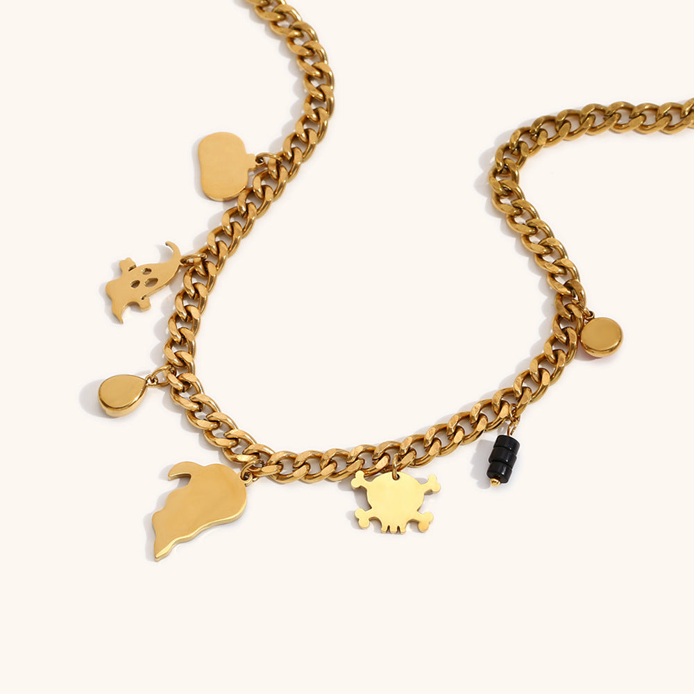 Cute Halloween Ghost and Grim Reaper Skeleton Pendant Necklace in Stainless Steel with 18K Gold Plating for Women
