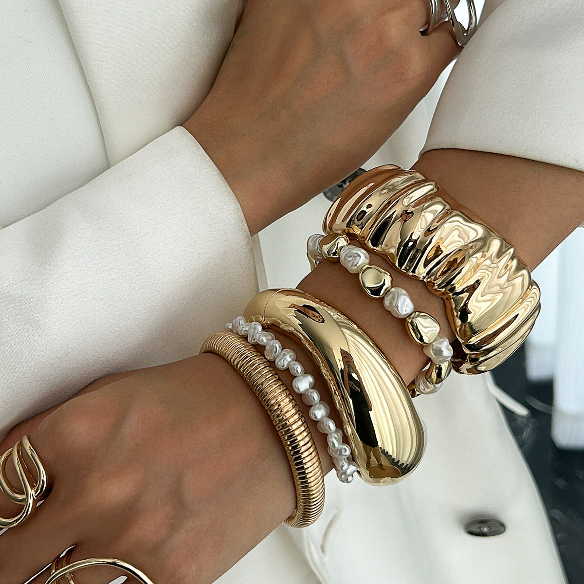 Minimalist Irregular Textured Alloy Bracelet for Women with Folded Wide Band and Electroplated Finish