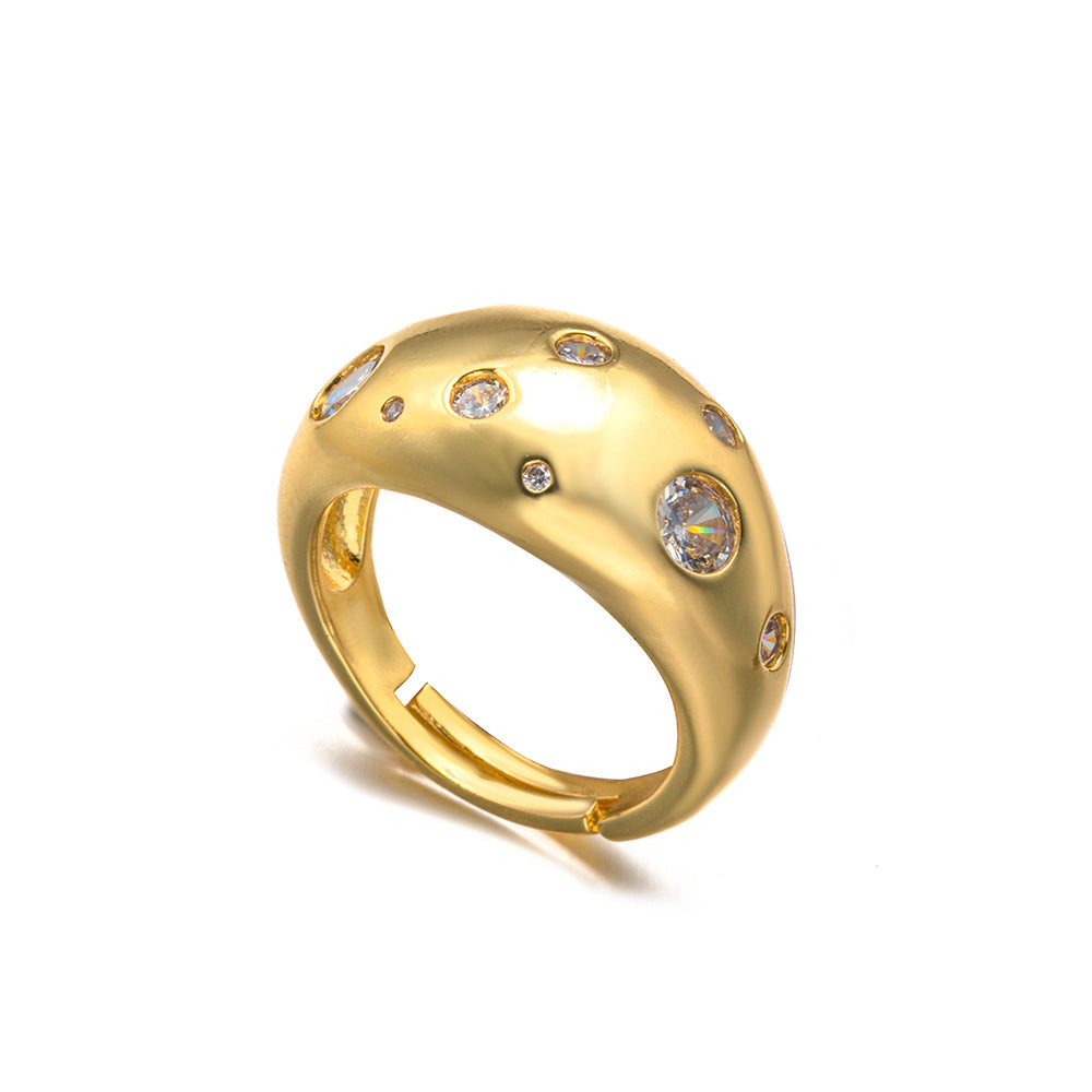 Minimalist Geometric Copper Ring with Zircon Inlay for Women and Men, Gold-Plated 18K Luxury Fashion Accessory