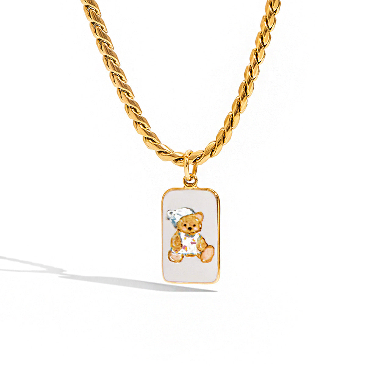Collar minimalista geométrico chapado en acero titanio para mujer con colgante de oso, cadena de clavícula de acero inoxidable hipoalergénico