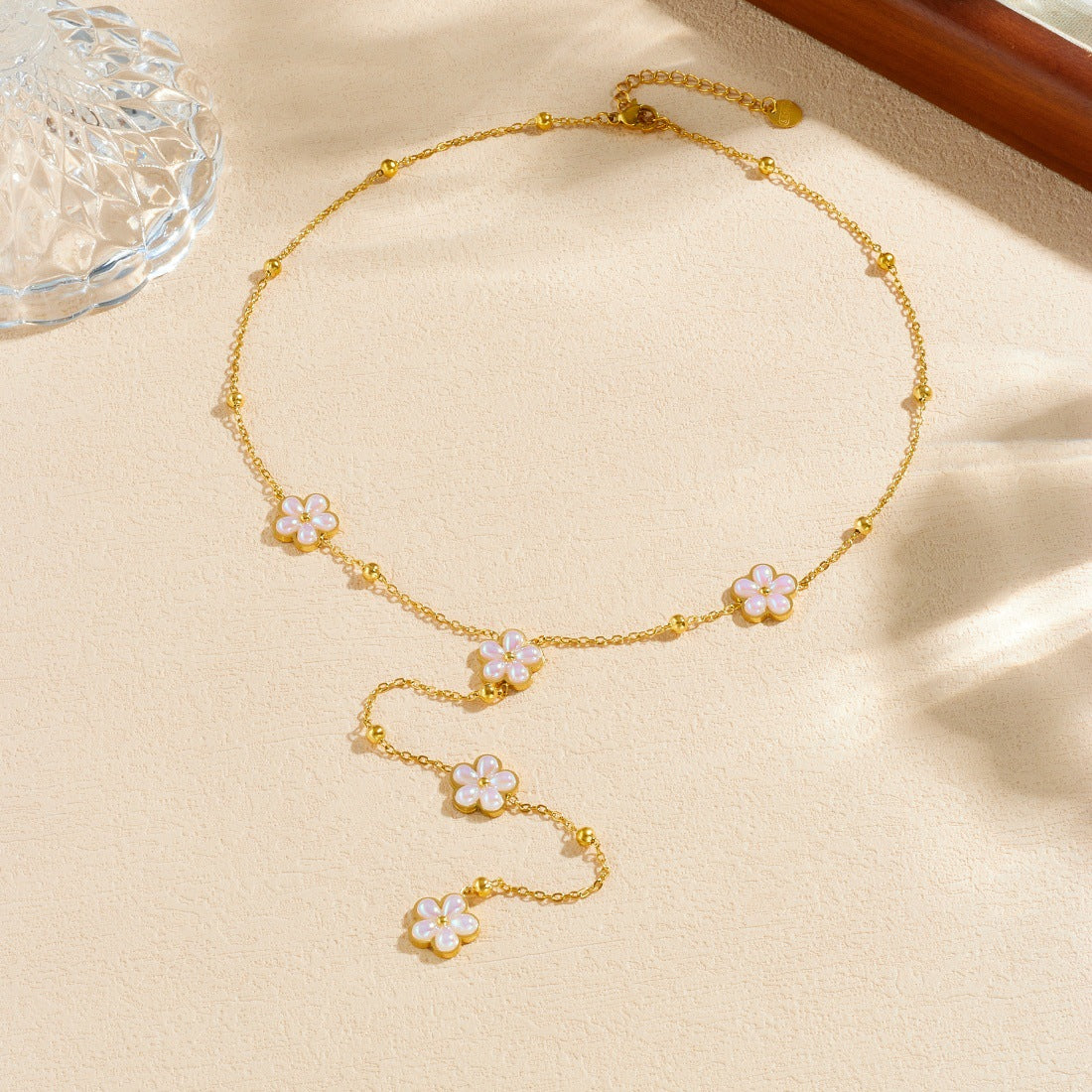 Gold Plated Stainless Steel Floral Pendant Necklace with Simulated Pearl Tassel for Women