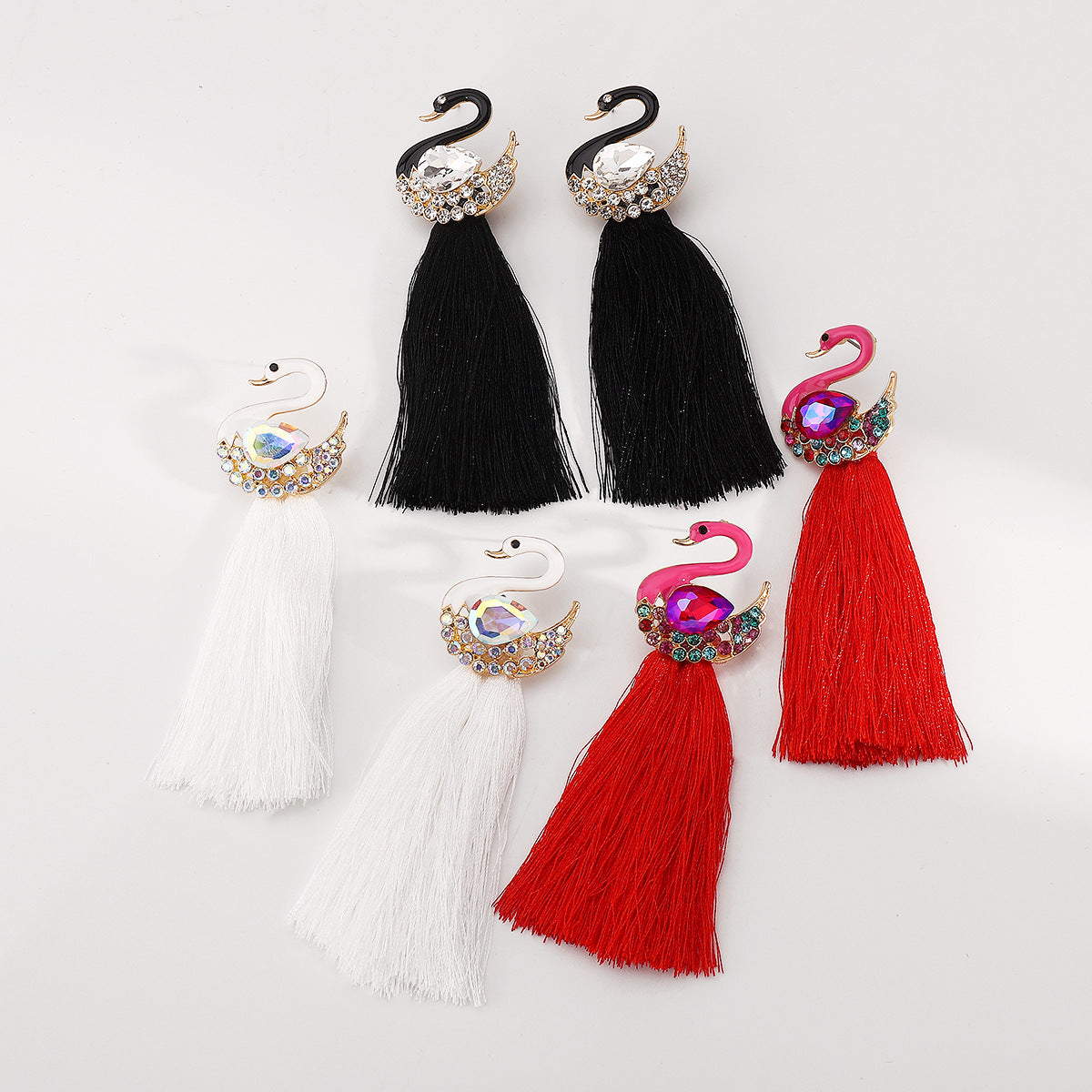 Vintage Ethnic Style Tassel Swan Stud Earrings in Alloy with Rhinestone Inlay for Women