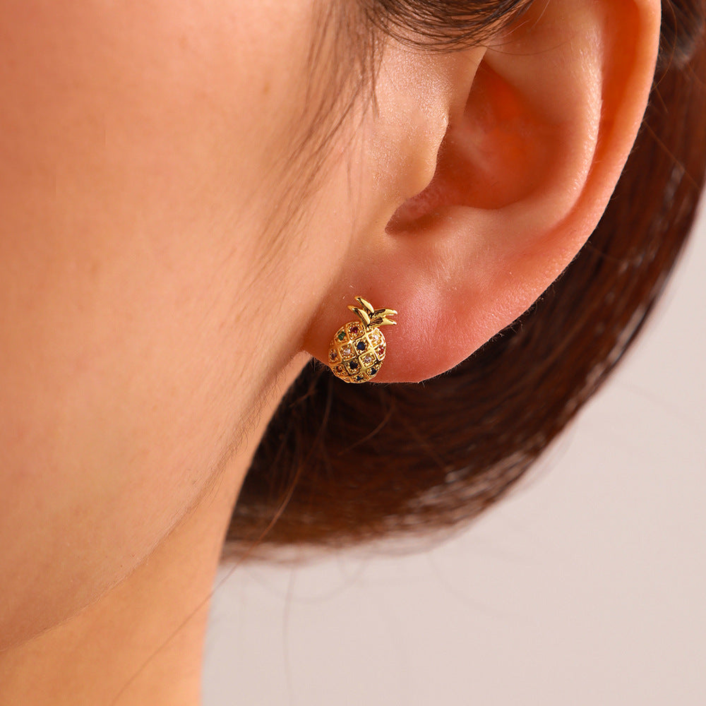 Geometric Plant Brass Inlaid Cubic Zirconia Stud Earrings for Women