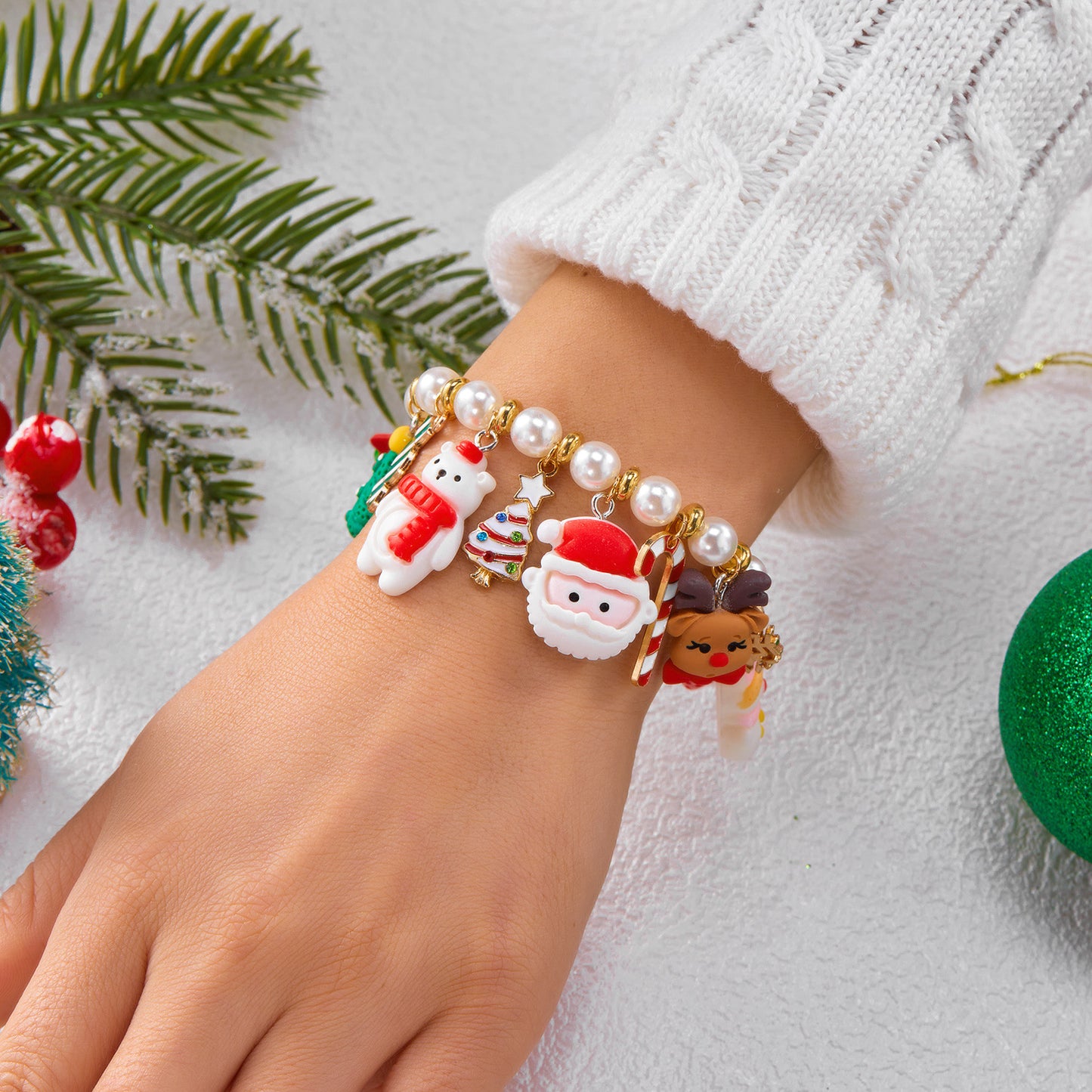 Handmade Christmas Themed Beaded Bracelet for Women Featuring Santa Claus Snowflake and Candy Cane Charms Zinc Alloy Geometric Style Festive Gift