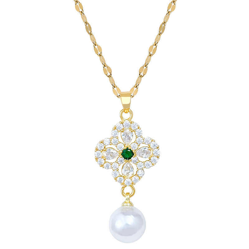 Sweet Luxury Floral Moon Pearl Rhinestone Pendant Titanium Steel Cable Chain Necklace for Unisex