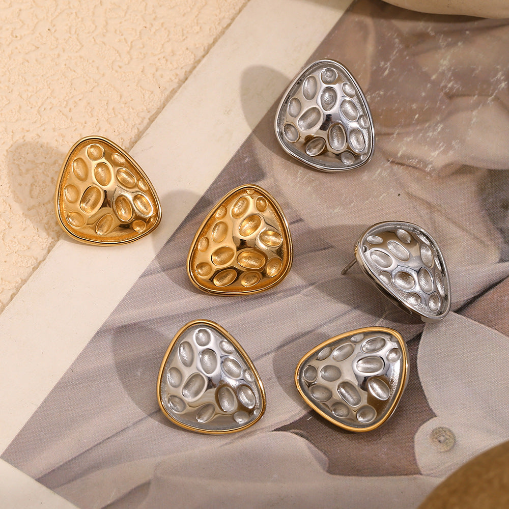 Fashionable Geometric Irregular Triangle Hammered Texture Stainless Steel Earrings with 18K Gold Plating for Women