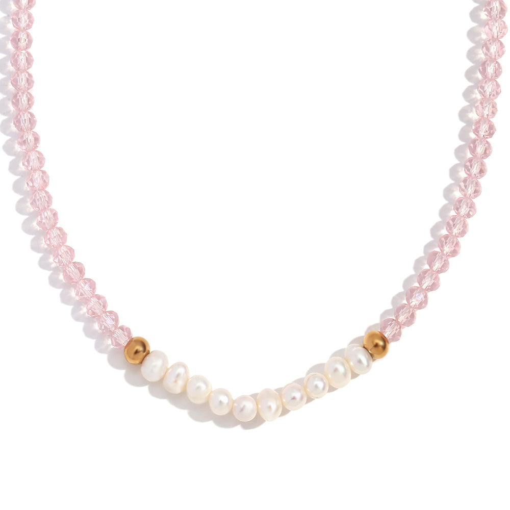 Collana Pendente Geometrica alla Moda in Acciaio Inossidabile da Donna con Pendente in Acciaio al Titanio, Finitura Placcata, Perle d'Acqua Dolce e Cristalli Taglio Leggero