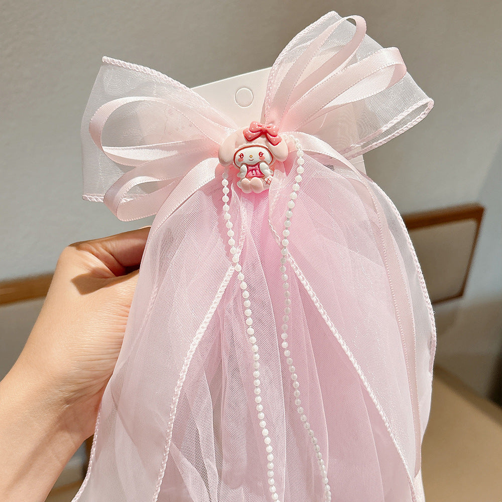 Fermaglio per capelli in tulle con fiocco in stile cartone animato per ragazze con design del personaggio Kuromi, accessorio per capelli per bambini a tema principessa con nastro e bordo in pizzo
