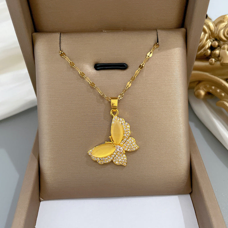 Collana a farfalla in acciaio al titanio da donna con intarsi in strass e catena a O, elegante catena per clavicola