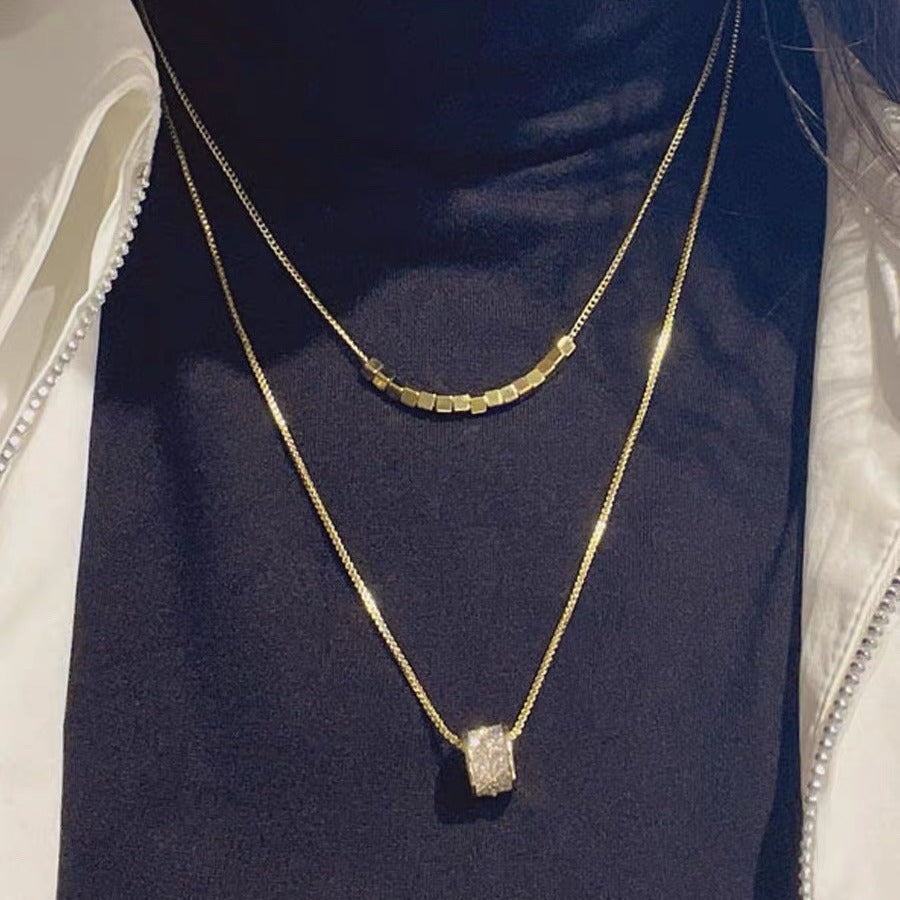 Collar Minimalista de Doble Capa con Zirconia, Colgante Geométrico, de Acero Inoxidable Chapado, Cadena O, Unisex