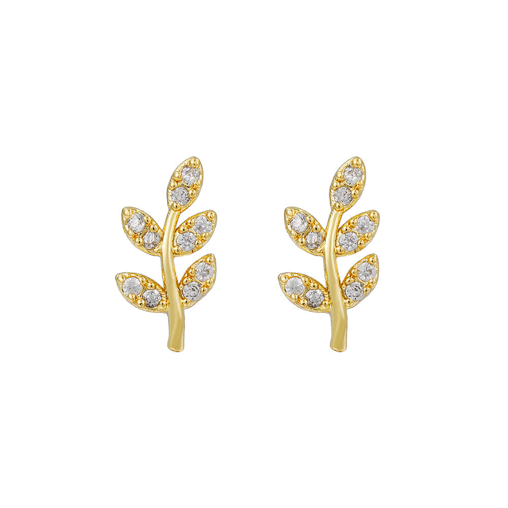 Geometric Plant Brass Inlaid Cubic Zirconia Stud Earrings for Women