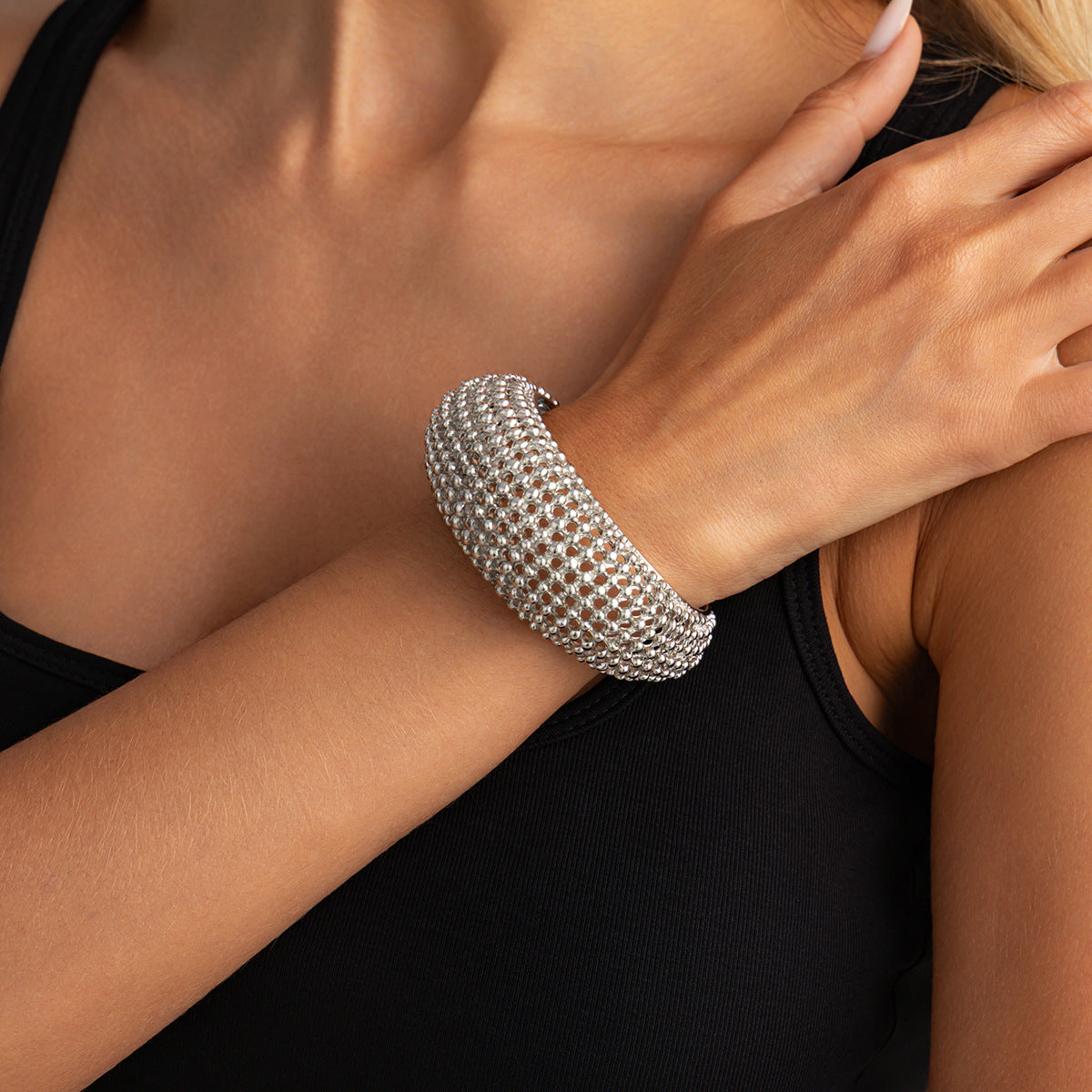 Vintage Geometric Hollow Weave Open Cuff Bracelet Zinc Alloy Plated Wide Bangle