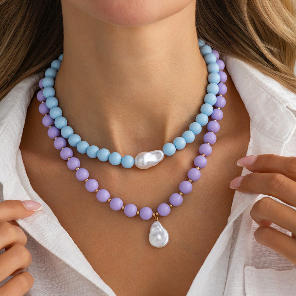Vintage Geometric Acrylic Beaded Necklace with Baroque Pearl Pendant for Women