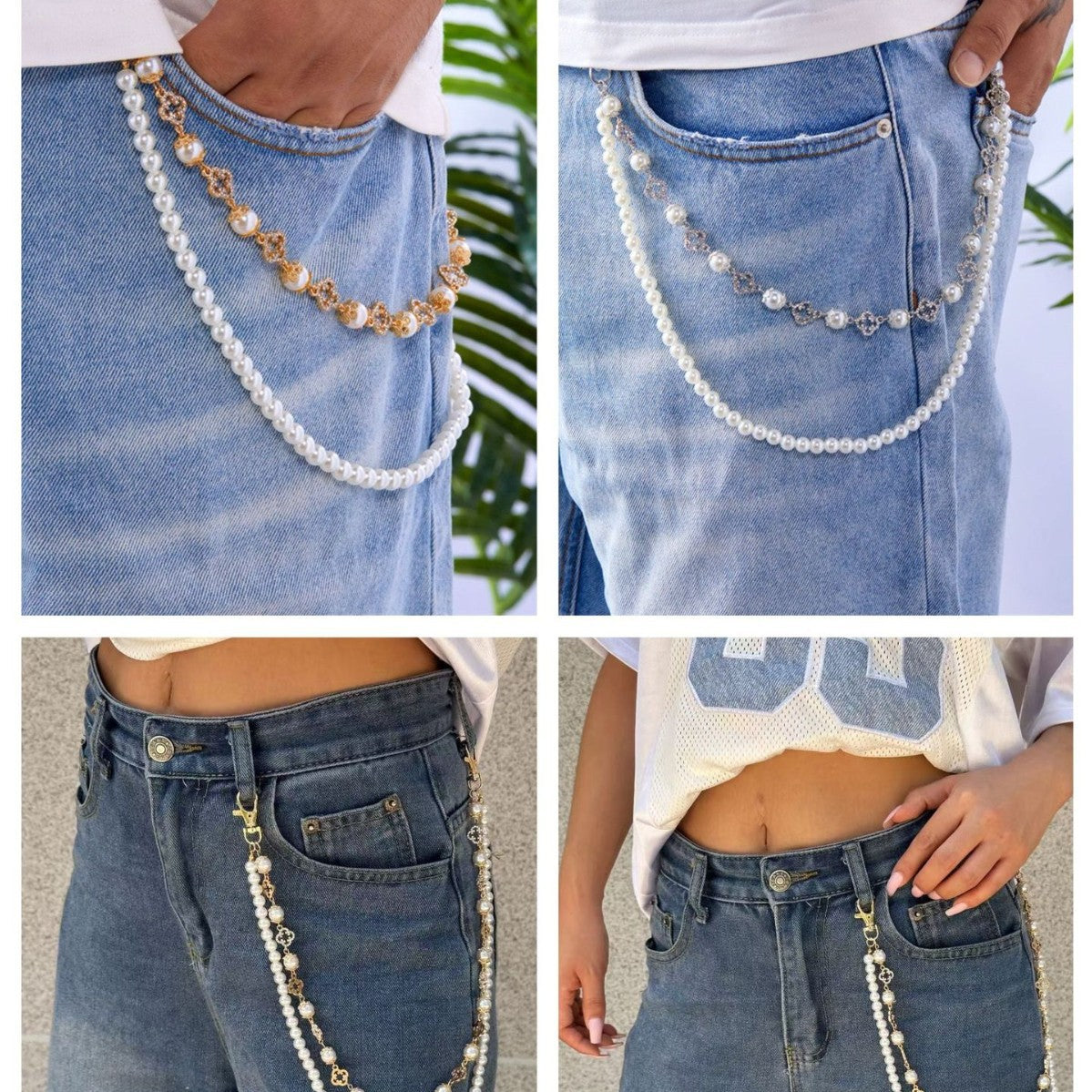 Catenina da vita in metallo stile hip-hop con perle e design floreale unisex
