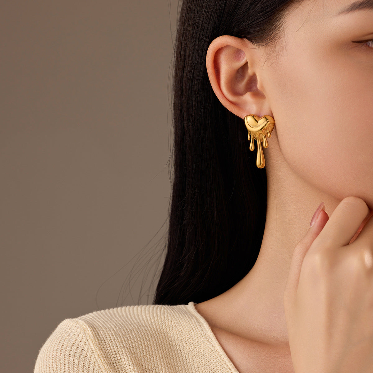 Luxury Style Heart and Teardrop Shaped Titanium Steel Earrings with Rhinestone Inlay and Plated Finish