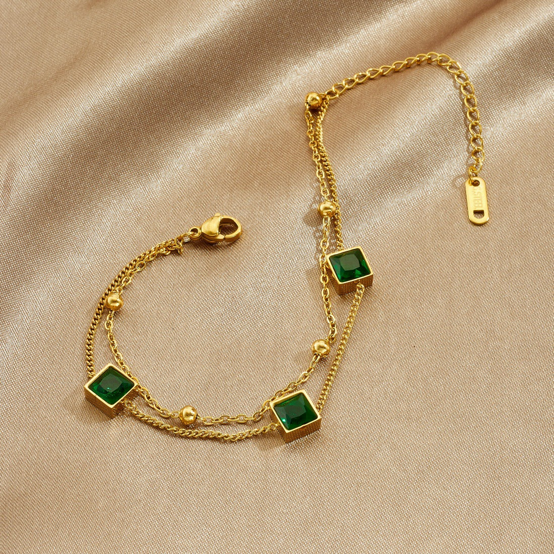 Gold Plated Stainless Steel Square Geometric Pendant Bracelet with Rhinestone and Green Glass Inlay for Women