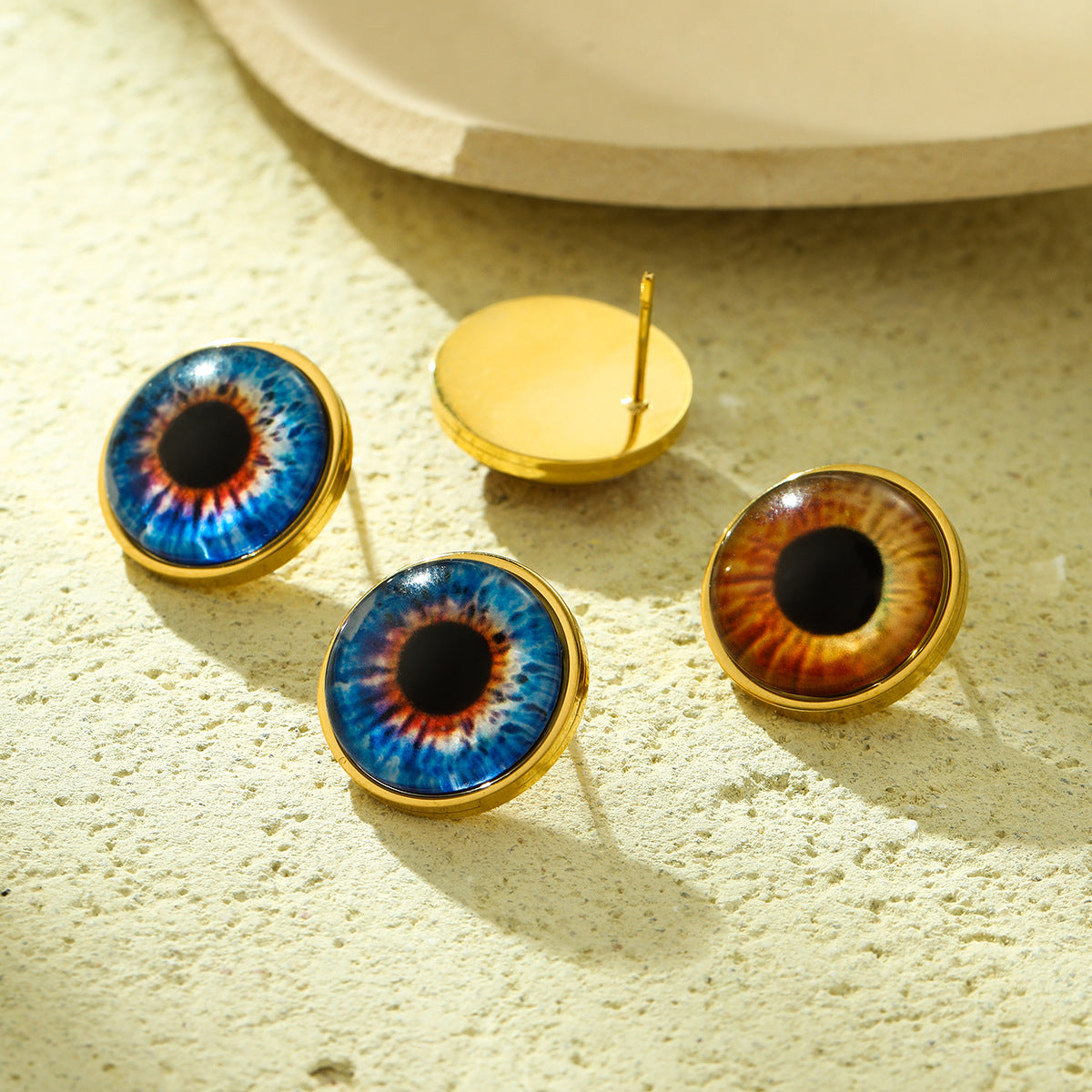 Pendientes de tuerca de acero de titanio con forma de ojo estilo Ins para mujer con incrustaciones de piedra natural y acabado chapado