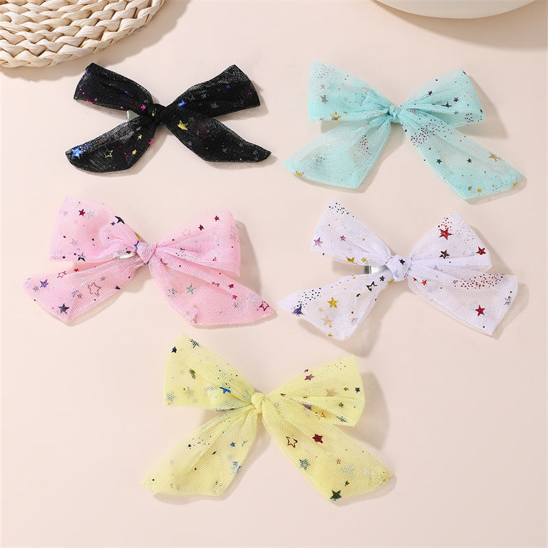Ribbon Bow Hair Clip Set with Star and Moon Motifs, Sequins, Tulle Netting, and Ruffled Details for Girls
