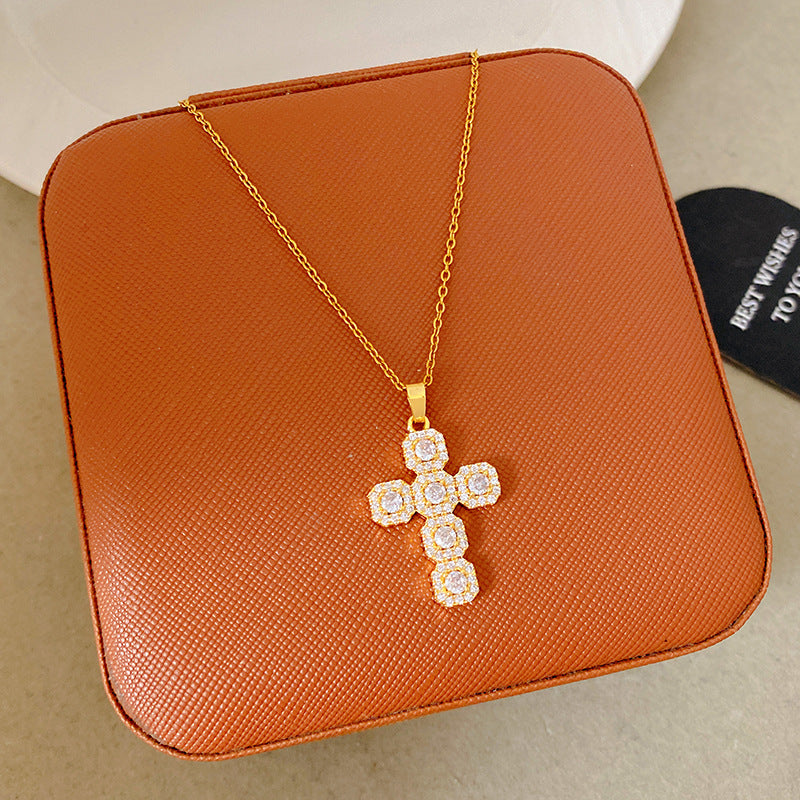 Sporty Sweet 18K Gold Plated Cross Titanium Steel Necklace with Cubic Zirconia for Women