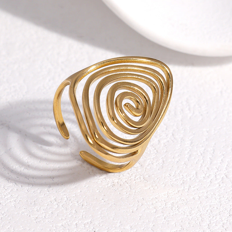 Minimalist Geometric Gold Plated Stainless Steel Open Ring with Spiral Line Design
