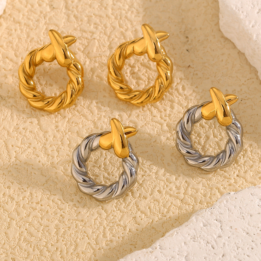 Fashionable Minimalist Geometric Stainless Steel Ear Studs with 18K Gold Plating and Twisted Circular X-Shaped Design