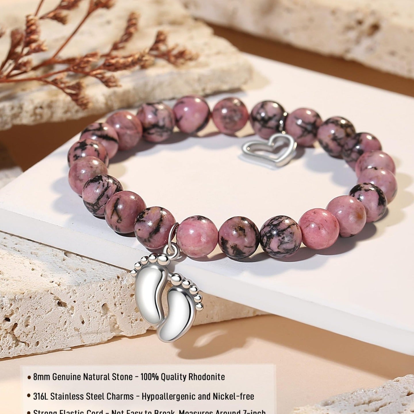 8mm Pink Zebra Agate and Imperial Turquoise Floral Heart Bracelet with Gemstone Inlay Unisex Handmade Jewelry