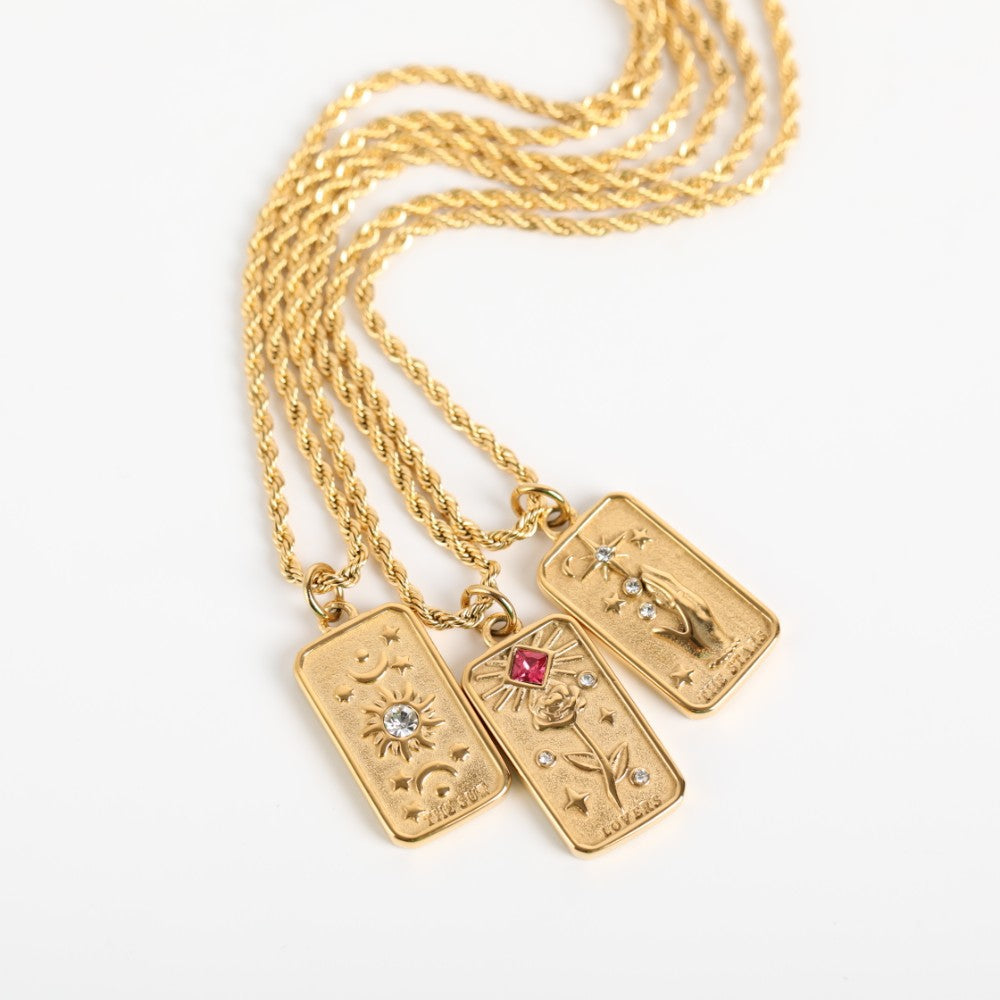 Minimalist Geometric Rectangular Sun God Floral Pendant Necklace in Titanium Steel with Rhinestone Inlay and Plated Finish