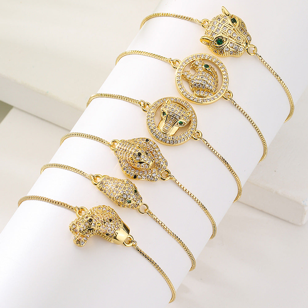 Minimalist Geometric Leopard Head Hand Chain for Women in Brass with Real Gold Plating and Zircon Inlay