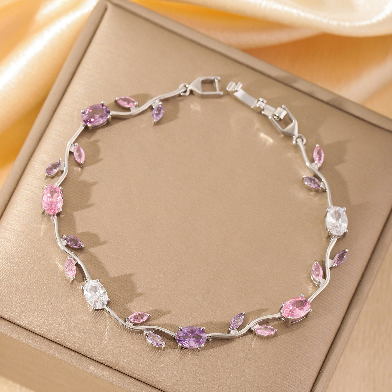 Luxury Gold Plated Brass Leaf Bracelet with Cubic Zirconia Inlay Unisex Floral Design