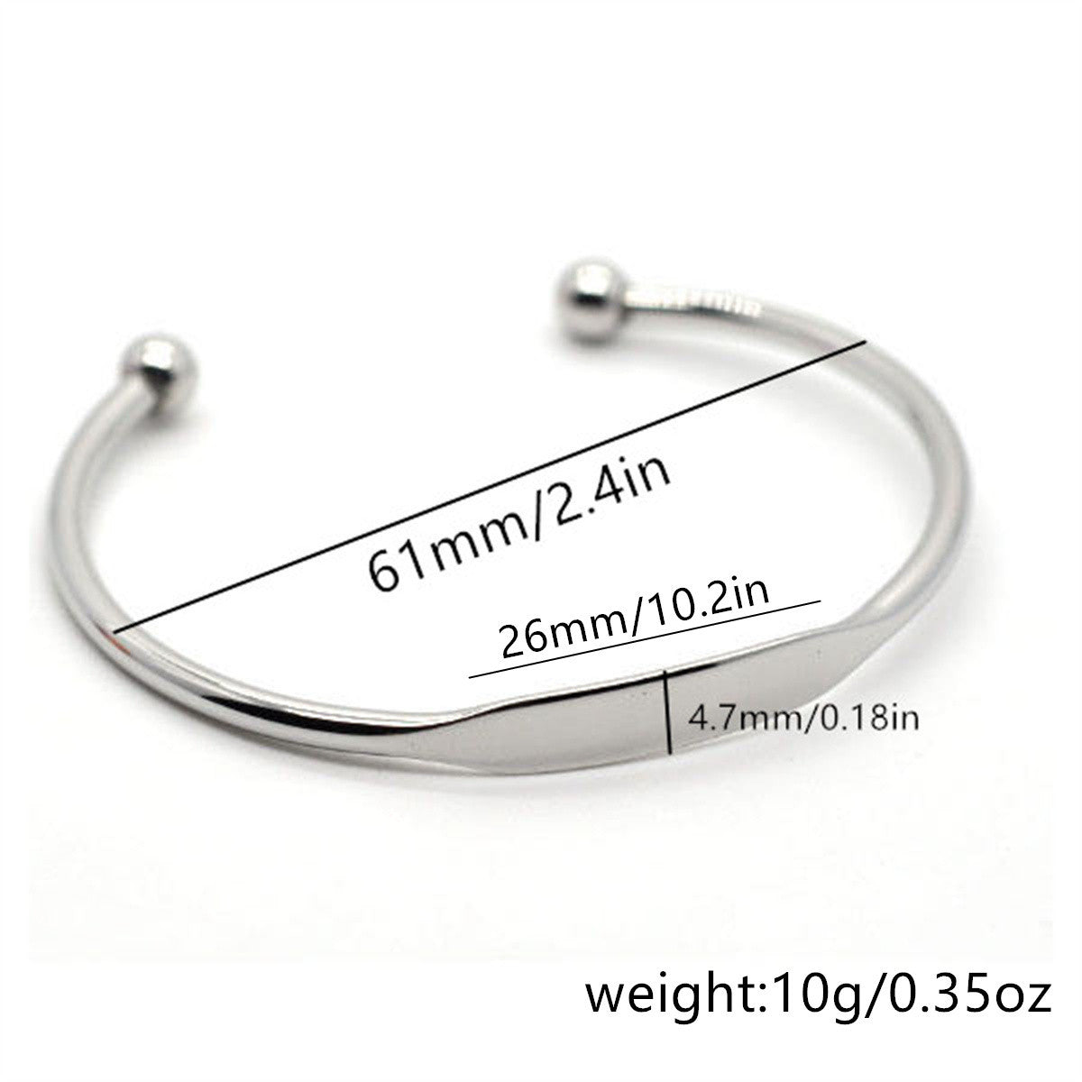 Bracciale rigido aperto a forma di C in acciaio inossidabile lucido, con barra per charm