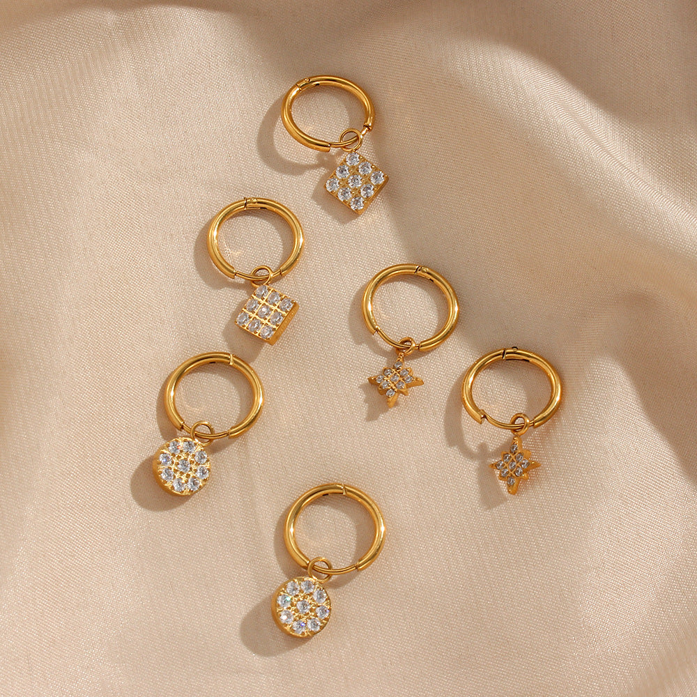 Fashionable Geometric Cross Earrings in Stainless Steel with 18K Gold Plating and Zircon Accents