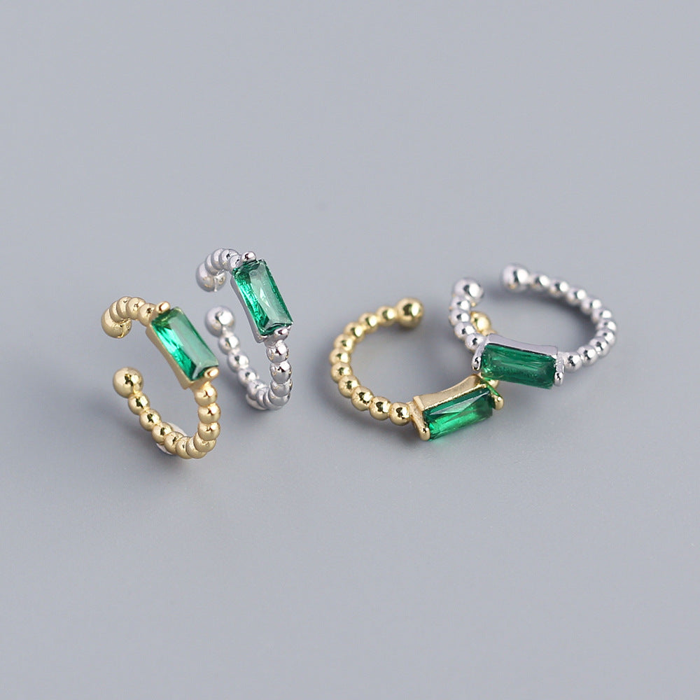 Sweet 925 Sterling Silver Geometric Round Inlaid Emerald Cubic Zirconia Ear Clip for Women
