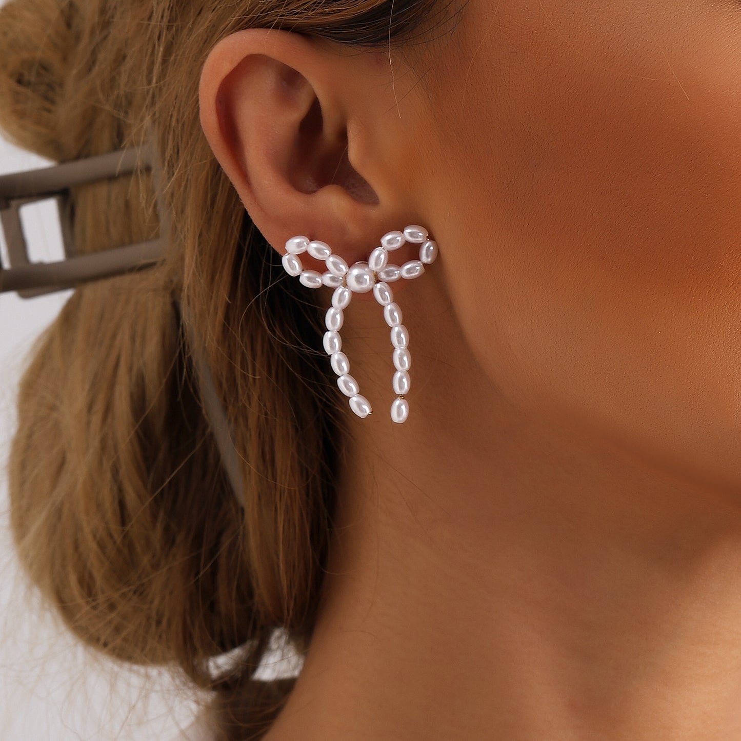Pendientes Vintage Tejidos a Mano con Forma de Lazo Estilo Perla para Mujer con Acabado Chapado