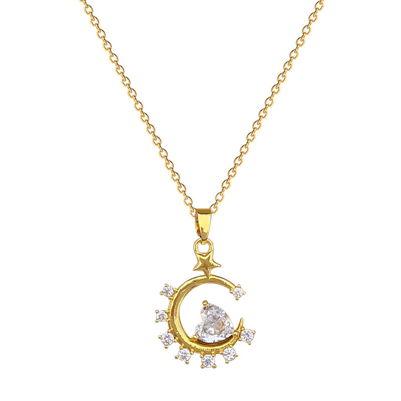 Minimalist Moon Star Heart Geometric Pendant Necklace for Women Stainless Steel Snake Chain with Full Rhinestone Accents