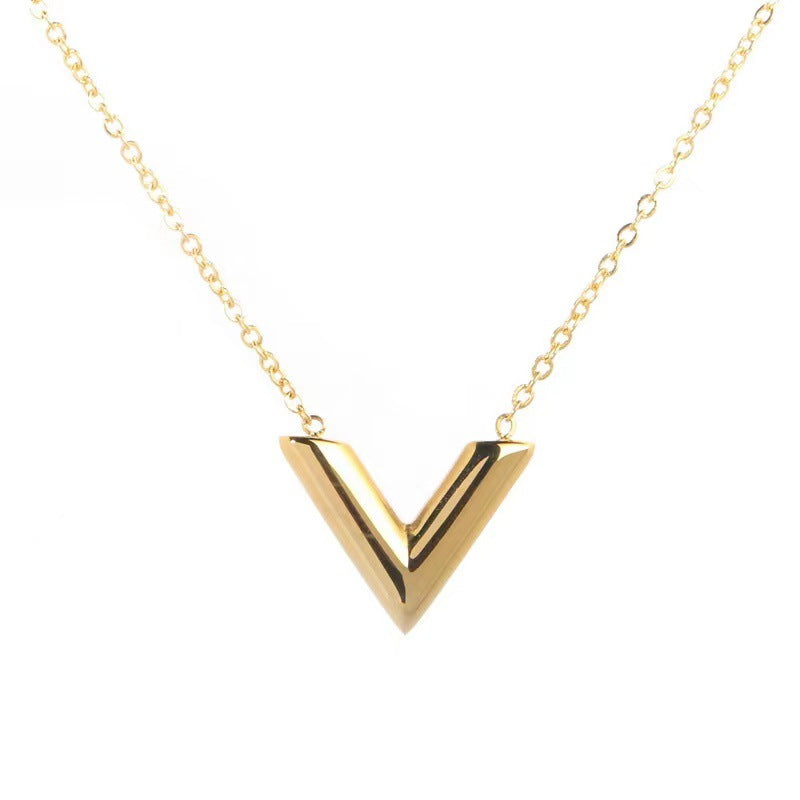 Minimalist Luxe V-Shaped Pendant Necklace for Women in Titanium Steel with Gold Plating Snake Chain