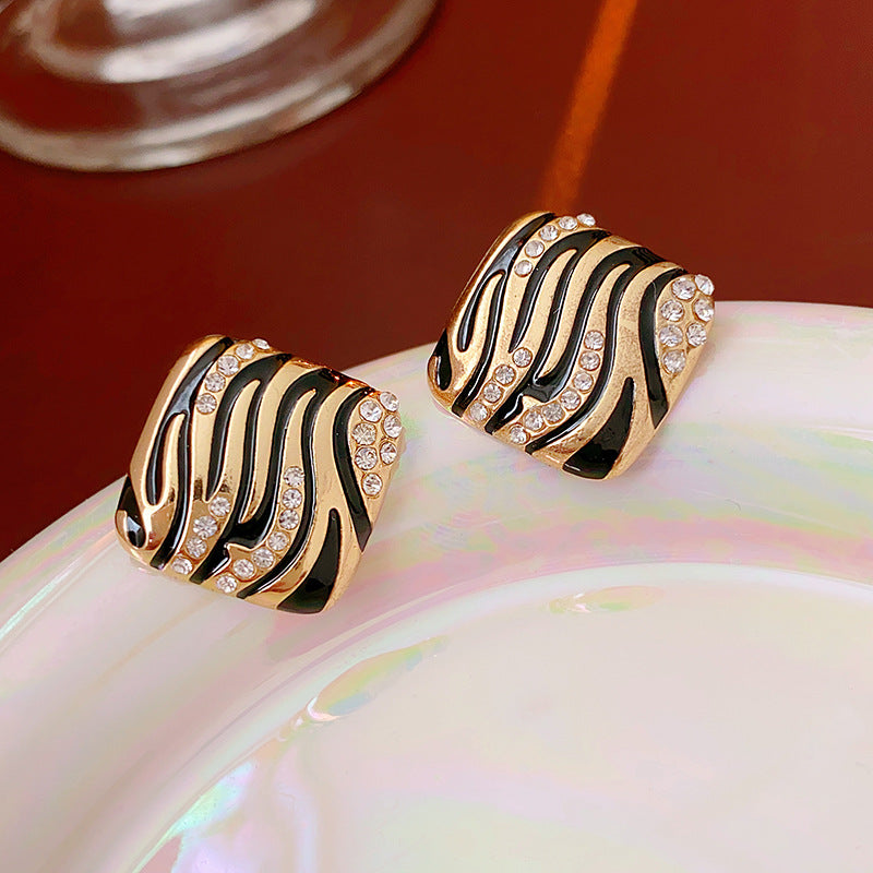 Vintage Geometric Square Alloy Earrings with Rhinestone Inlay and Enamel Finish for Women