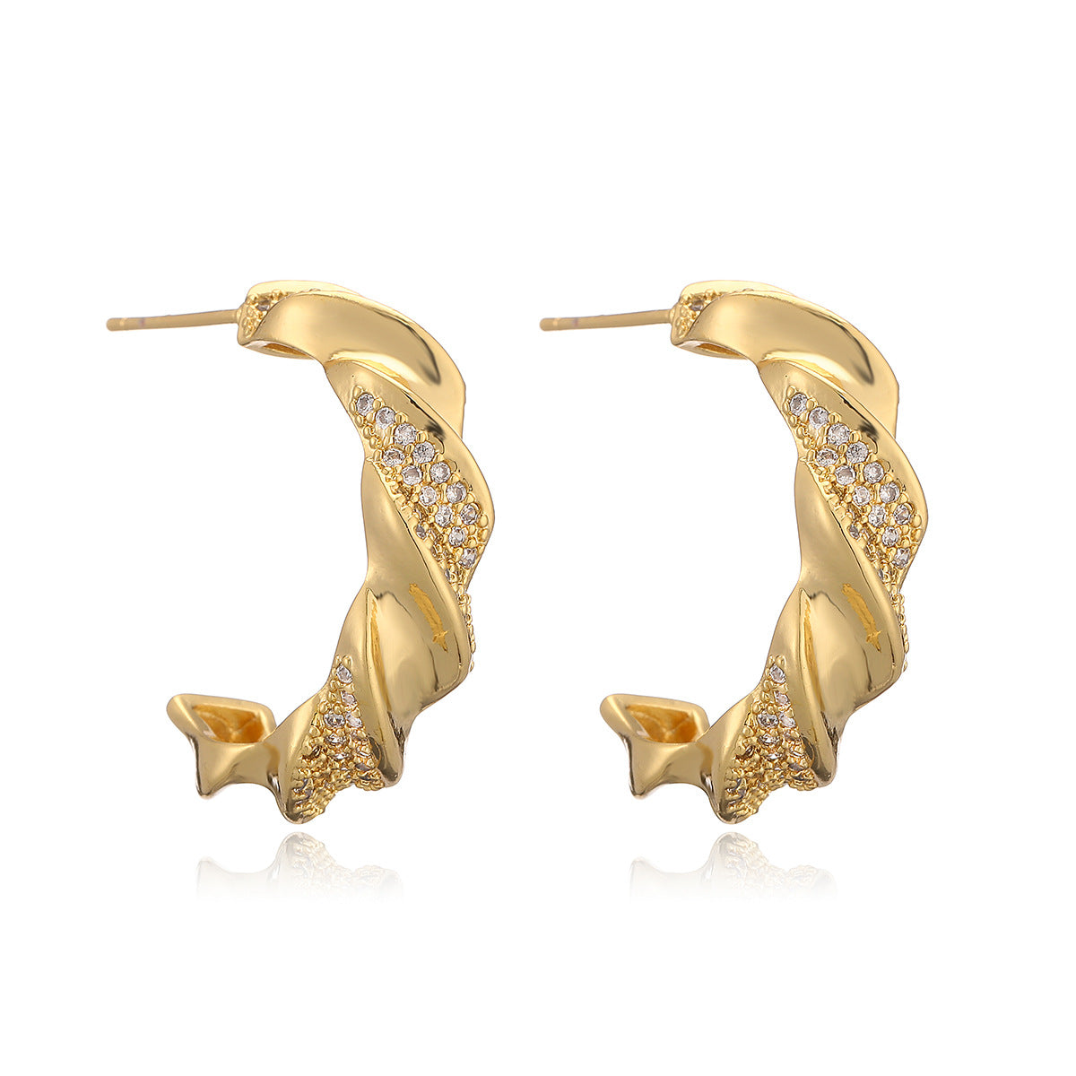 Minimalist Geometric C-Shaped Earrings for Women in Brass with Real Gold Plating and Micro-Paved Zirconia